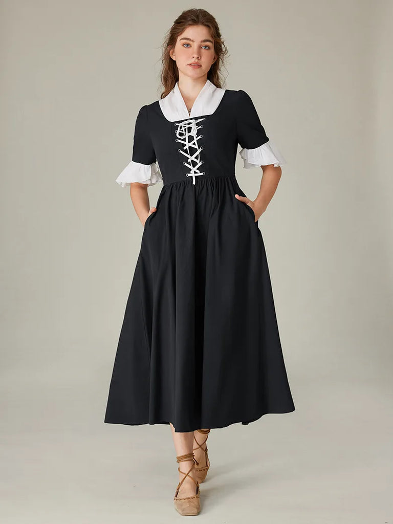 Women Colonial and Pioneer Lace up Maxi Dress with Pocket SCARLET DARKNESS