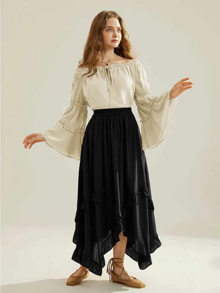 Renaissance Off Shoulder Tops Bell Sleeve Ruffled Hem Tops SCARLET DARKNESS