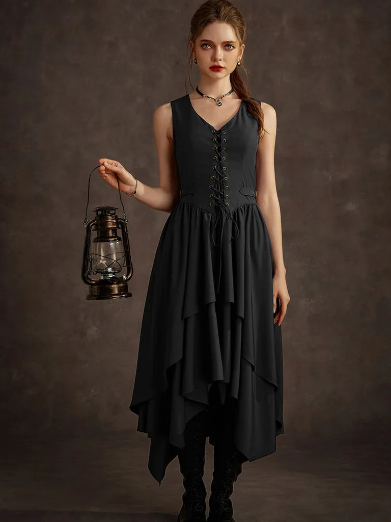 Steampunk Irregular Layered Hem Pirate A-Line Dress SCARLET DARKNESS