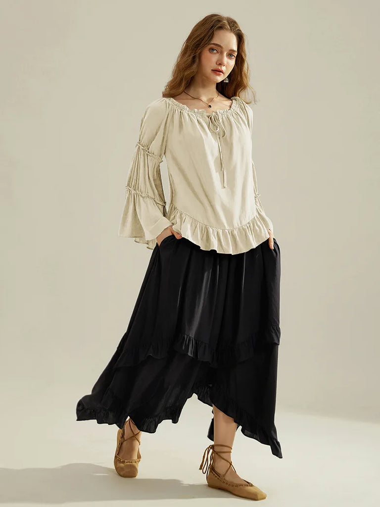 Renaissance Off Shoulder Tops Bell Sleeve Ruffled Hem Tops SCARLET DARKNESS