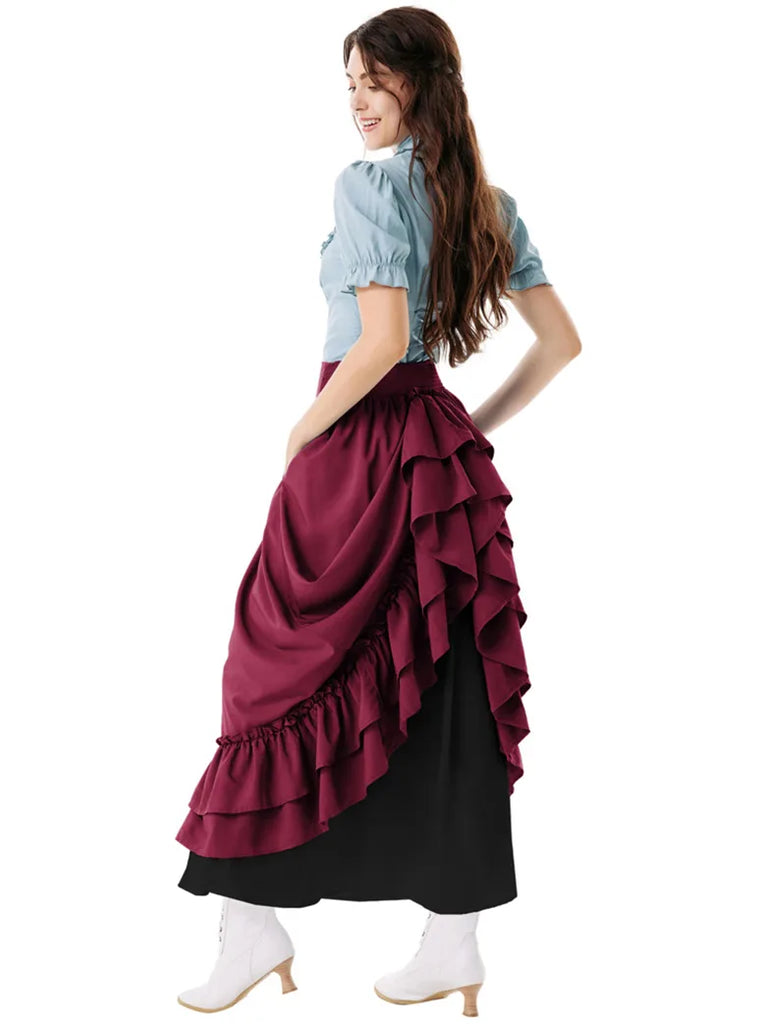 Victorian Dual Layer Ruffled Hem Back Adjustable Skirt SCARLET DARKNESS