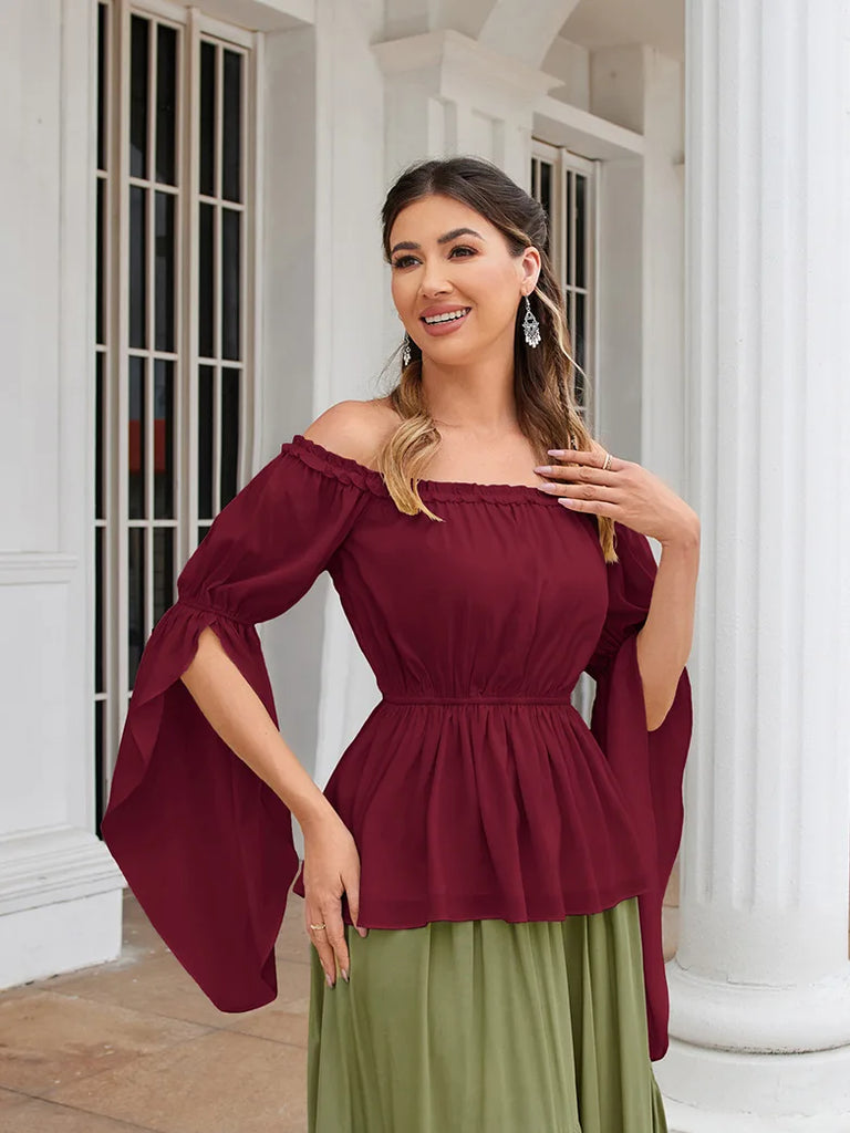 Women Chiffon Tops Slit Sleeve Off Shoulder Tops SCARLET DARKNESS