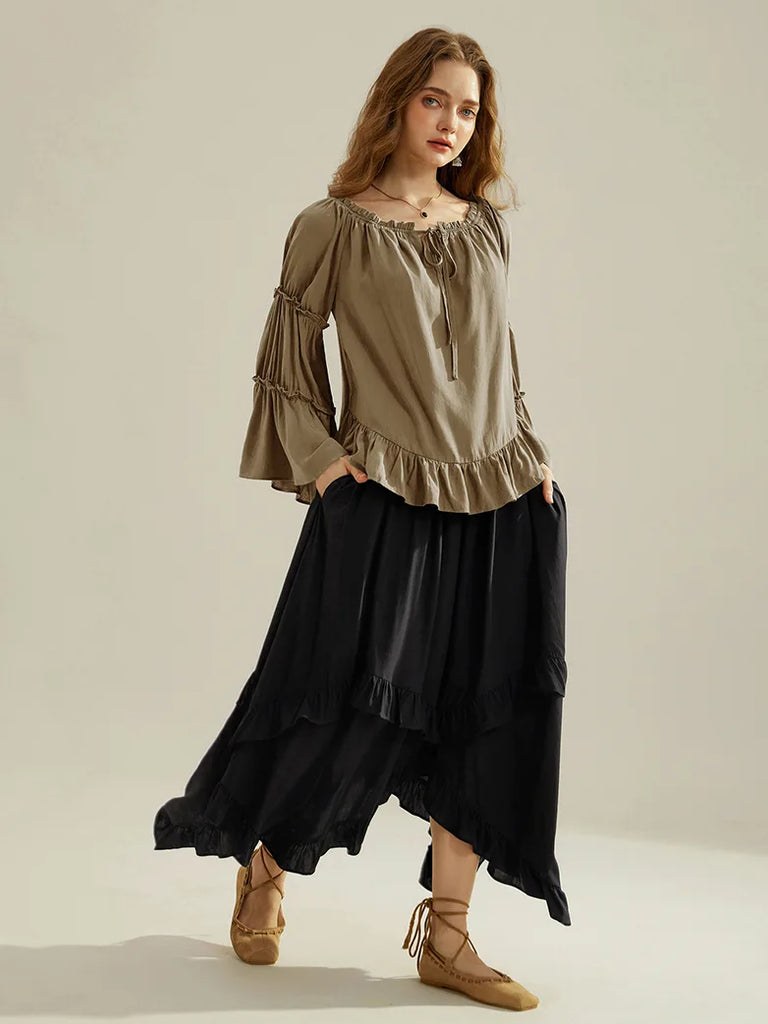 Renaissance Off Shoulder Tops Bell Sleeve Ruffled Hem Tops SCARLET DARKNESS