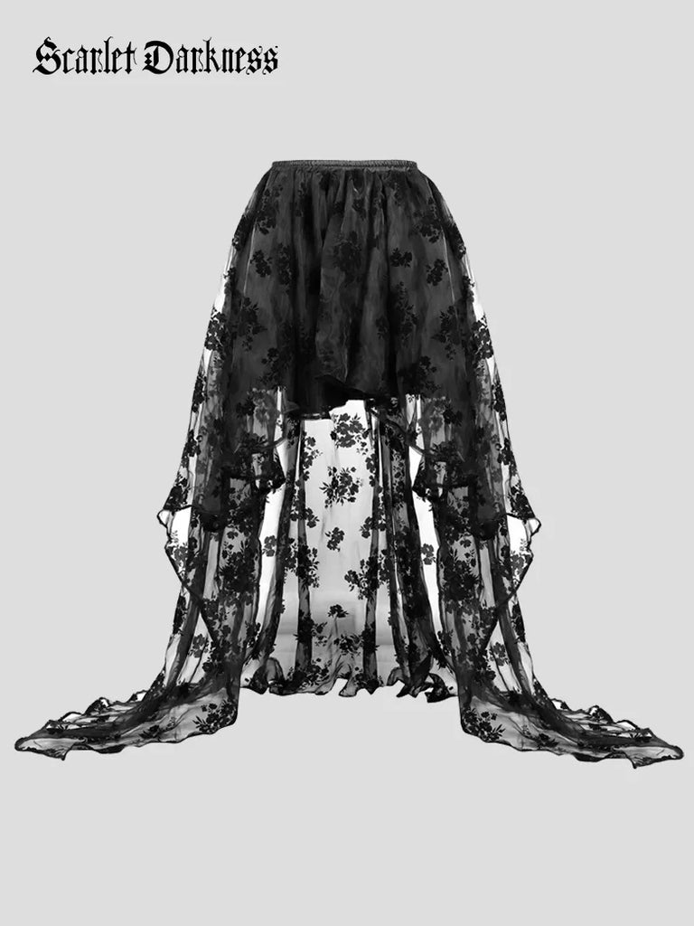 Women Gothic Skirts Black Mesh Flock Printed Wedding Skirt SCARLET DARKNESS