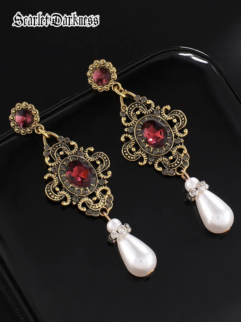 Vintage Drop Pearl Gem Earrings with Gown SCARLET DARKNESS