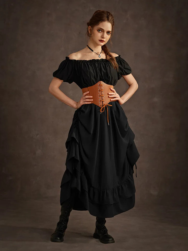 Women Punk Skirts Ruffled High-Low 3 Ways Drawstring Skirt SCARLET DARKNESS