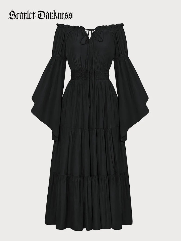 Women Tiered Maxi Dress Bell Sleeve Off-Shoulder Pocket Dress SCARLET DARKNESS