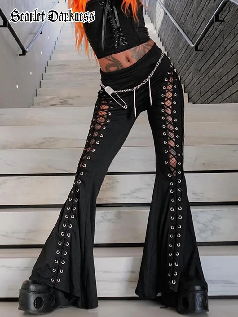 Women Punk Style Pants Black Eyelets Flared Trousers SCARLET DARKNESS