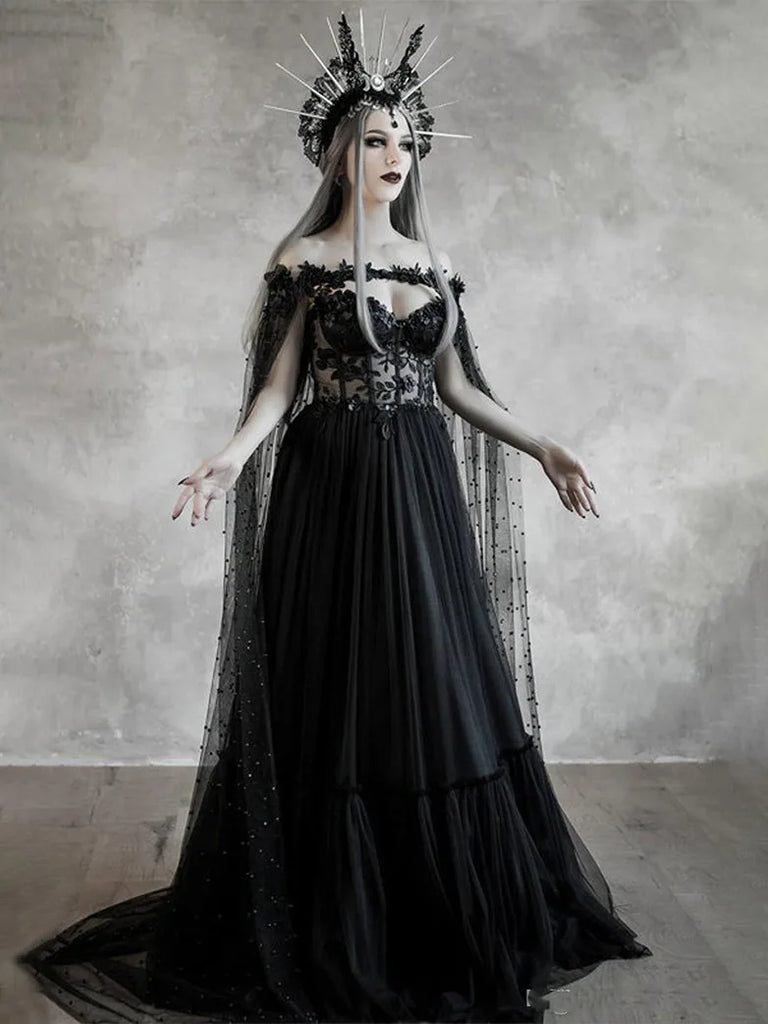 Women Gothic Pearl Mesh Long Shawl for Wedding Cosplay SCARLET DARKNESS