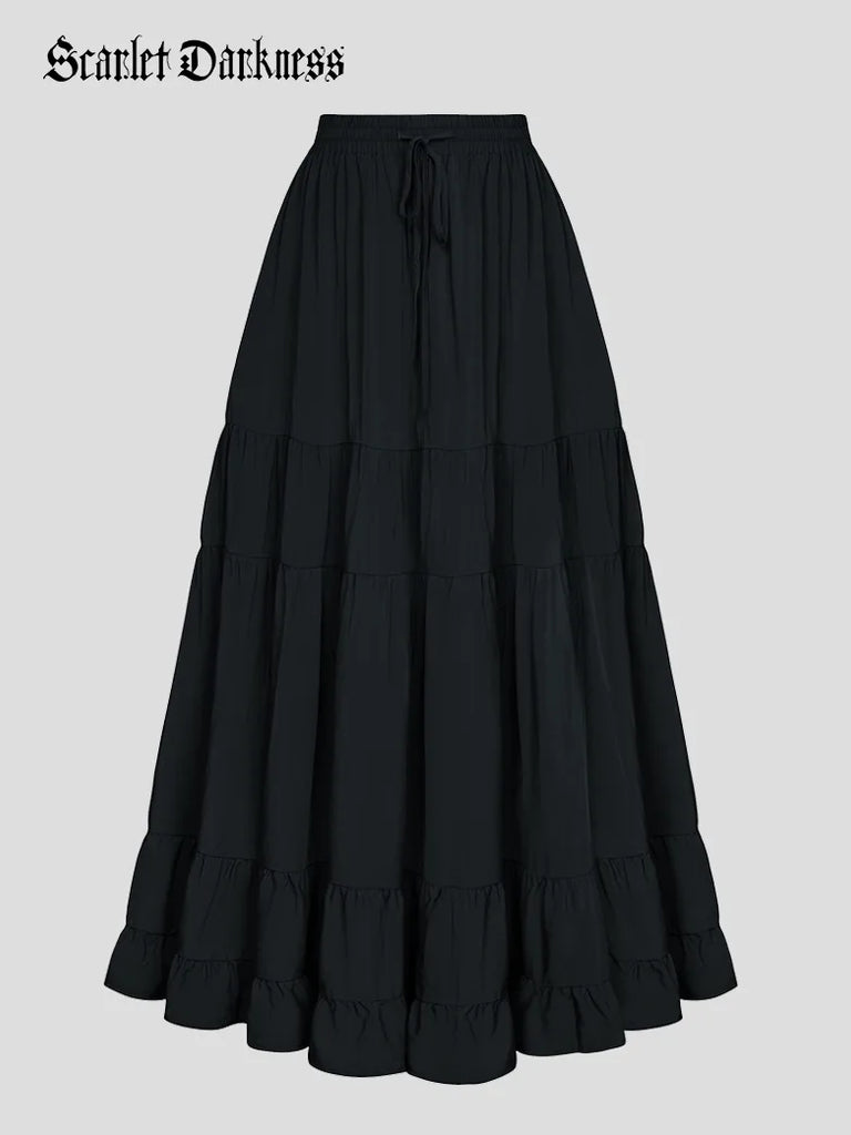 Women Renaissance Swing Skirt Tiered Maxi Pocket Skirt SCARLET DARKNESS