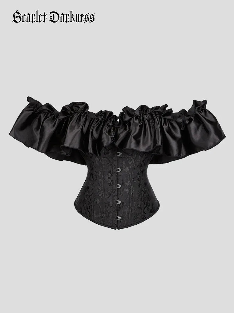 Women Victorian Gothic Corset Jacquard Satin Lace Bustier SCARLET DARKNESS