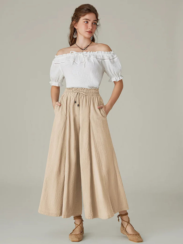 Women Cotton Renaissance Drawstring Palazzo Pants with Pocket SCARLET DARKNESS