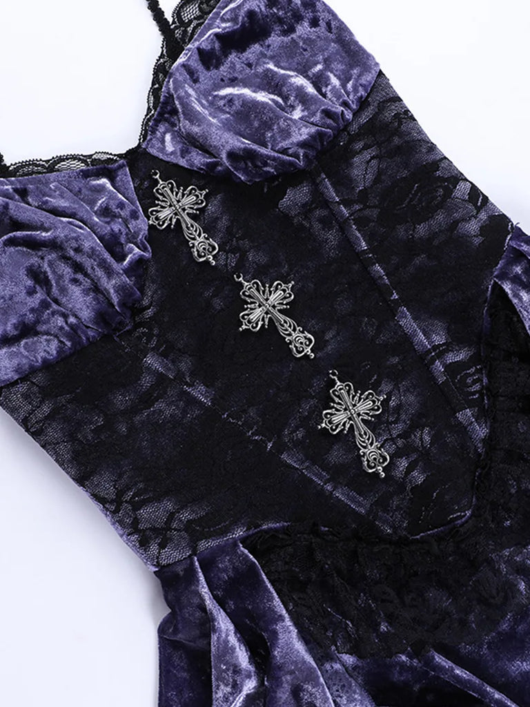 Women Purple Velvet Lace Patchwork Suspender Dress SCARLET DARKNESS