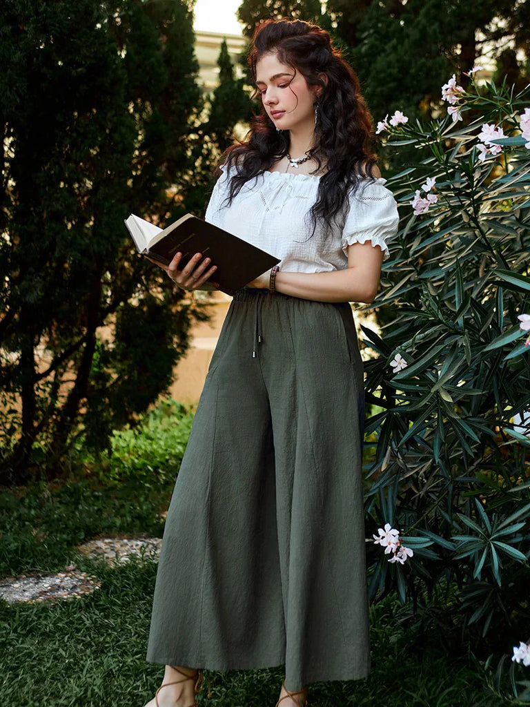 Women Cotton Renaissance Drawstring Palazzo Pants with Pocket SCARLET DARKNESS