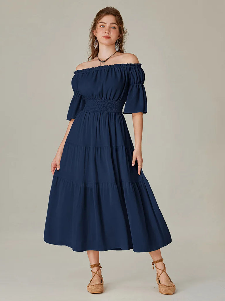 Women Elastic Off Shoulder Dress 1/2 Sleeve Dress with Pocket