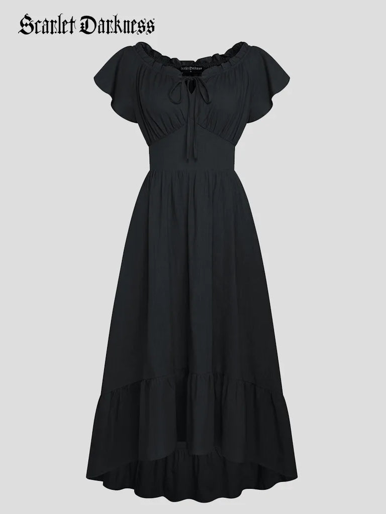 Women Renaissance Ruffle Sleeves Flared Pocket Dresses SCARLET DARKNESS