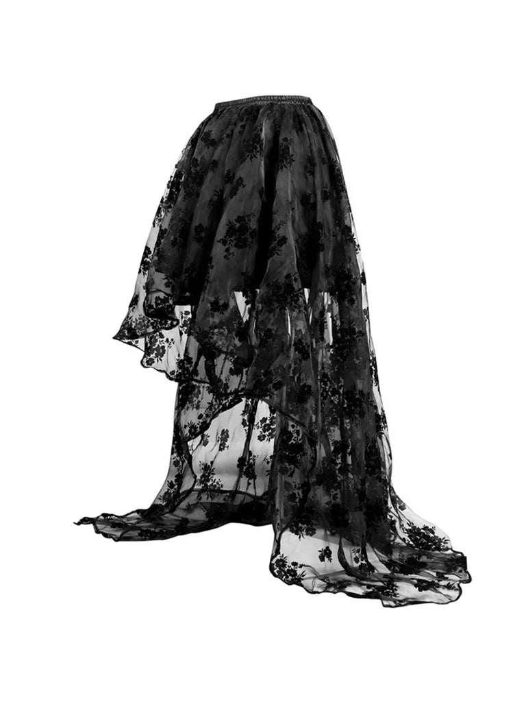 Women Gothic Skirts Black Mesh Flock Printed Wedding Skirt SCARLET DARKNESS