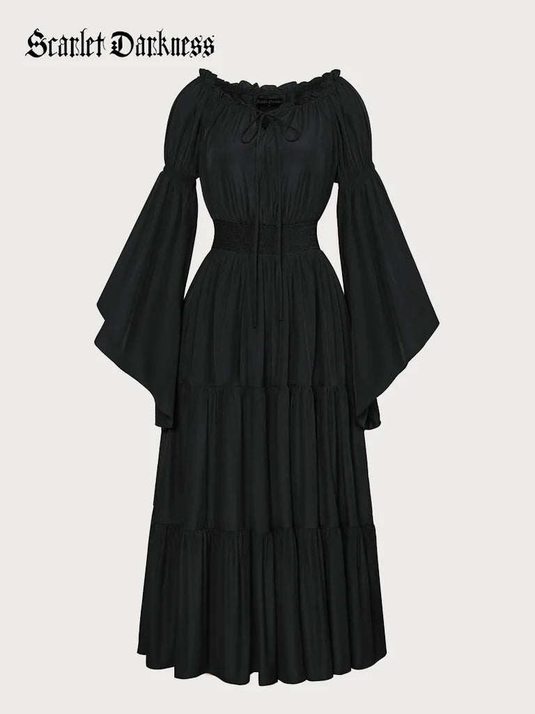 Women Tiered Maxi Dress Bell Sleeve Off-Shoulder Pocket Dress SCARLET DARKNESS