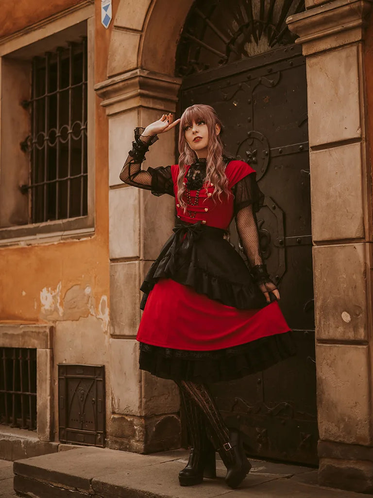 Steampunk Dresses Military Knitted Cap Sleeve Midi Dress SCARLET DARKNESS