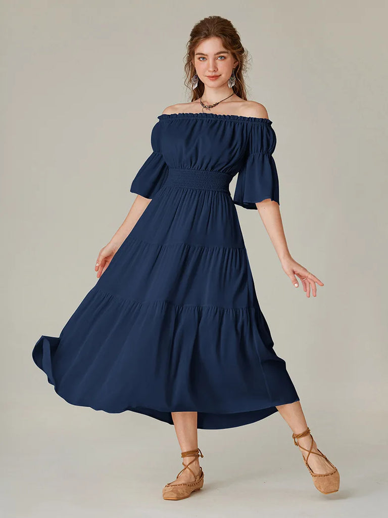 Women Elastic Off Shoulder Dress 1/2 Sleeve Dress with Pocket