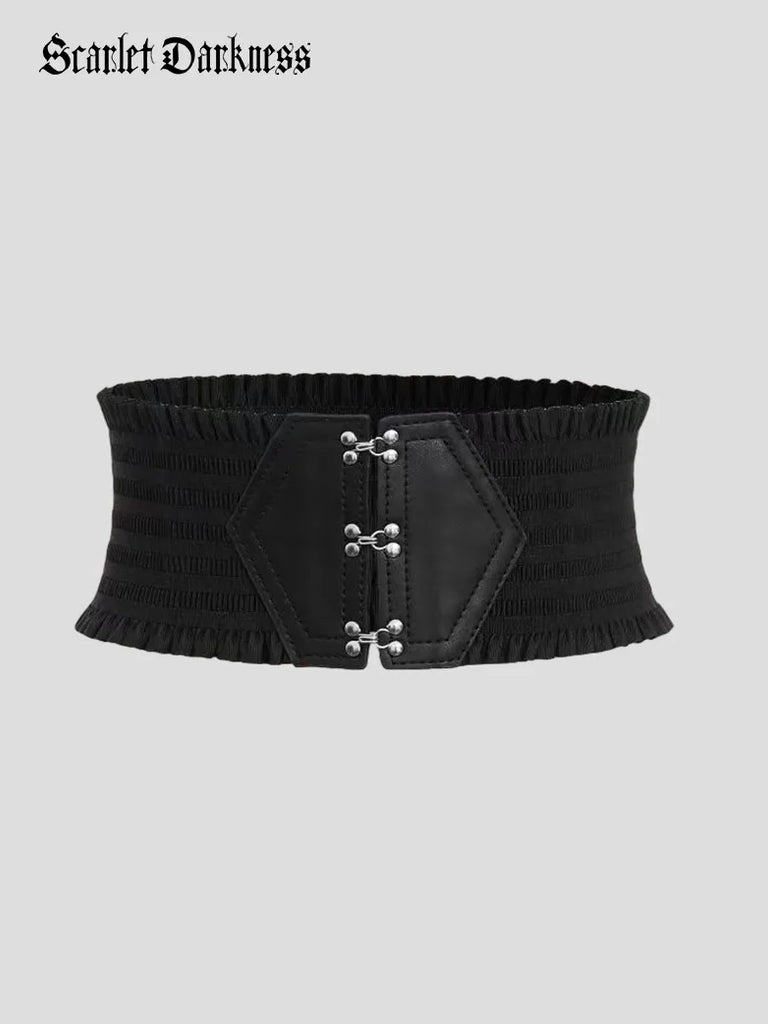 Scarlet Darkness Wide Blet Women Ruffled Trim Stitch Detail Belt SCARLET DARKNESS