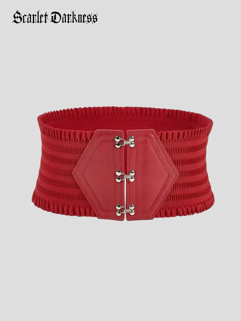 Scarlet Darkness Wide Blet Women Ruffled Trim Stitch Detail Belt SCARLET DARKNESS