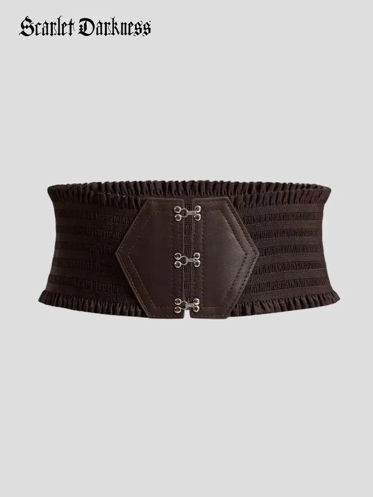 Scarlet Darkness Wide Blet Women Ruffled Trim Stitch Detail Belt SCARLET DARKNESS