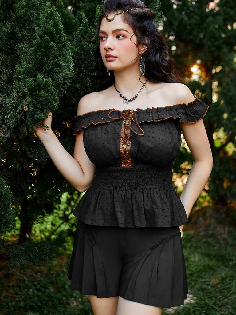 Renaissance Cotton Tops Off Shoulder Smocked Bodice Tops SCARLET DARKNESS