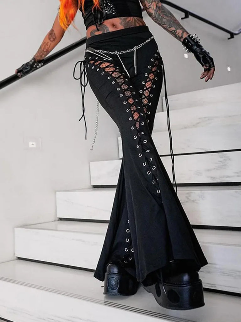 Women Punk Style Pants Black Eyelets Flared Trousers SCARLET DARKNESS