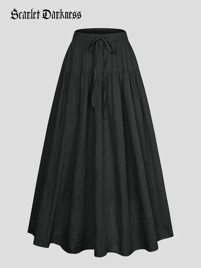 Women Renaissance Cotton Drawstring Swing Maxi Skirt SCARLET DARKNESS