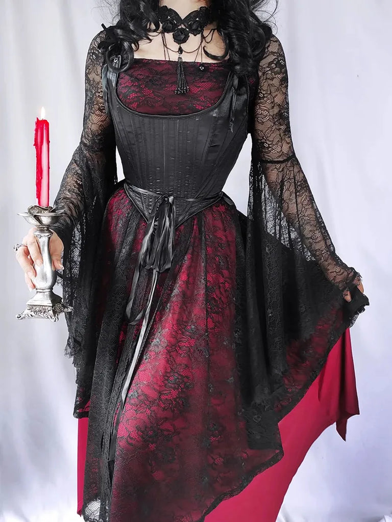 S-3XL Gothic Lace Irregular Hem Maxi Dress SCARLET DARKNESS