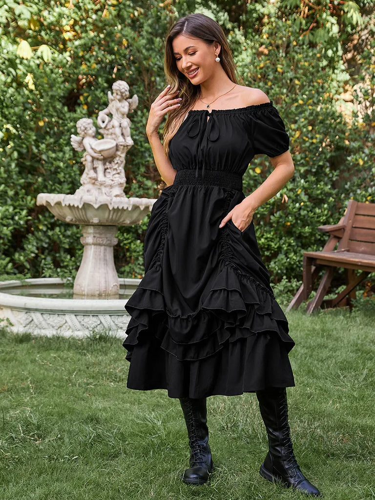 Women Steampunk Off Shoulder High Lo Midi Dress SCARLET DARKNESS