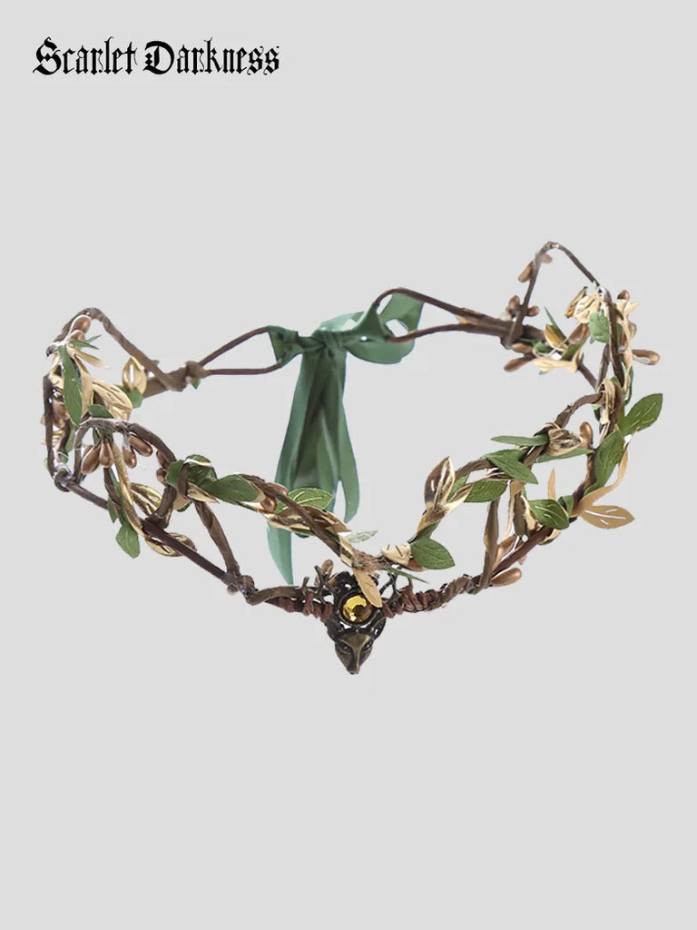 Women's Crown Forest Leaf Headband for Wedding & Elf SCARLET DARKNESS