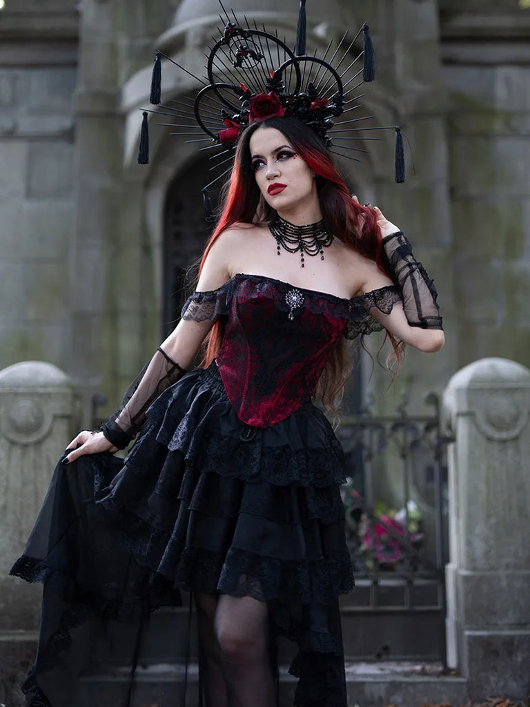 Women Masquerade Gothic Lace Floral Patch Bustier Tops SCARLET DARKNESS