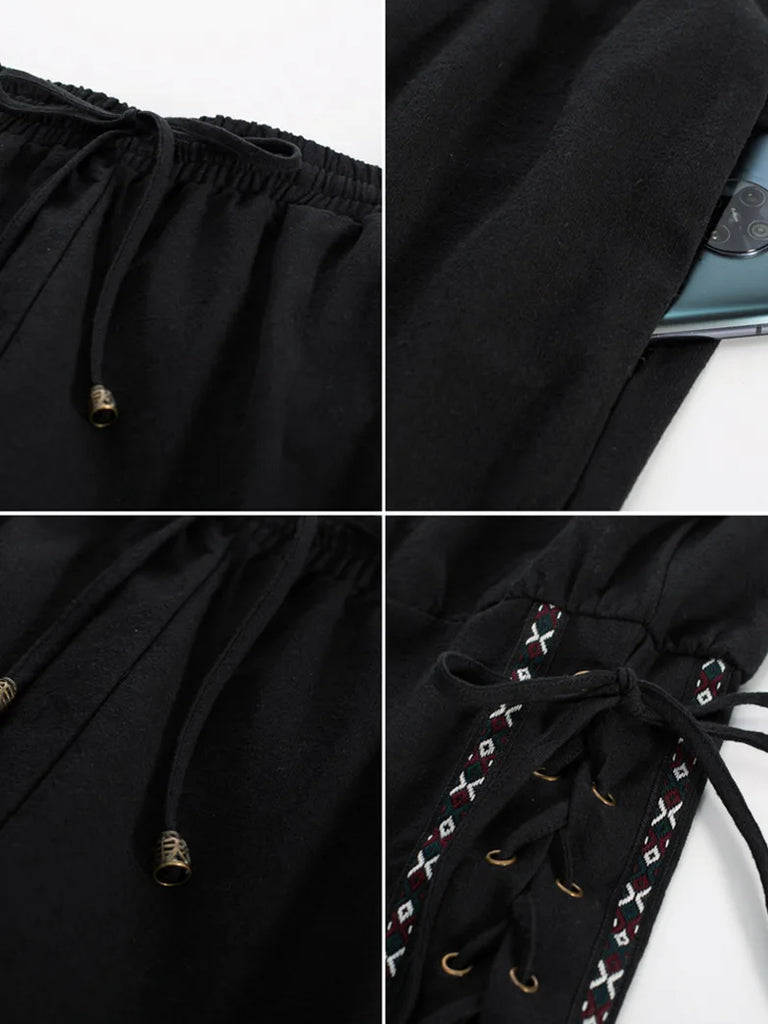 Men Renaissance Pants Embroidery Lace-up Leg Opening Capris SCARLET DARKNESS