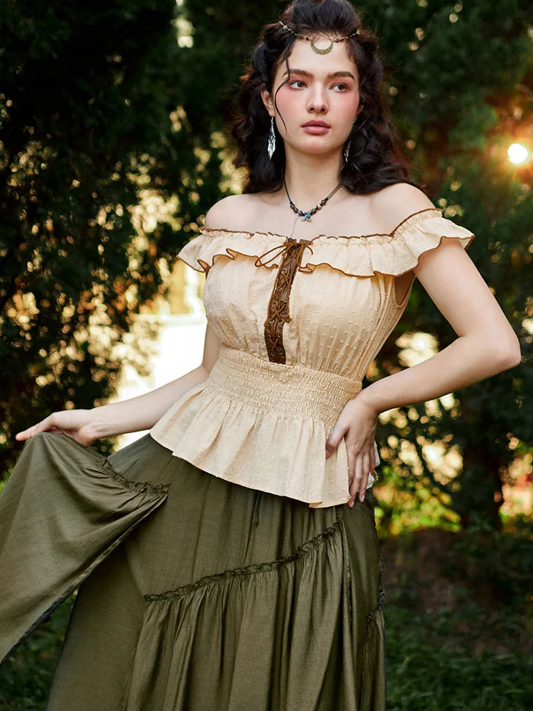 Renaissance Cotton Tops Off Shoulder Smocked Bodice Tops SCARLET DARKNESS