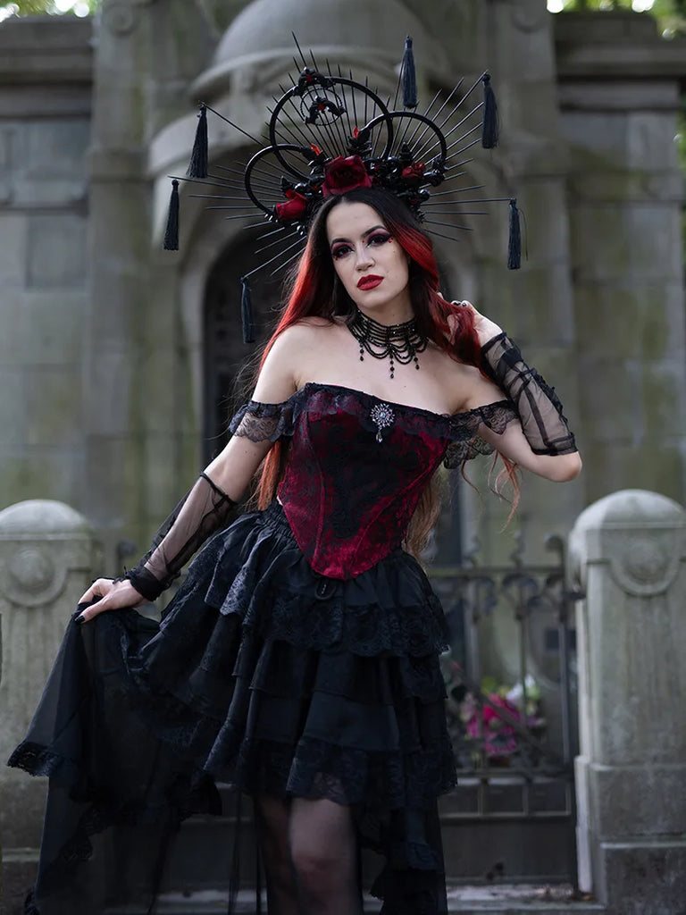 Women Masquerade Gothic Lace Floral Patch Bustier Tops SCARLET DARKNESS