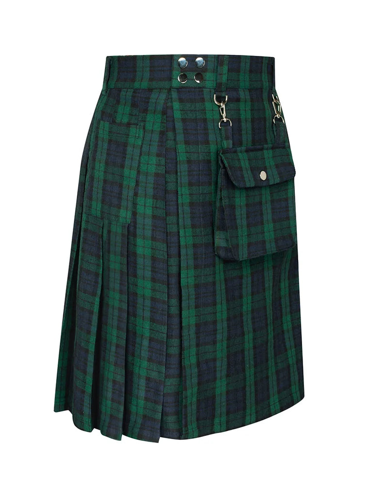 Scottish Mens Tartan Utility Kilt Pleated Midi Skirt with Bag SCARLET DARKNESS