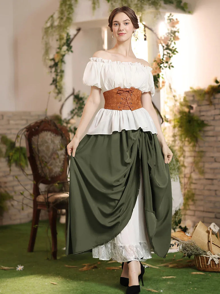 Renaissance Elastic Waist Double-Layer Lace Hem Long Skirts SCARLET DARKNESS