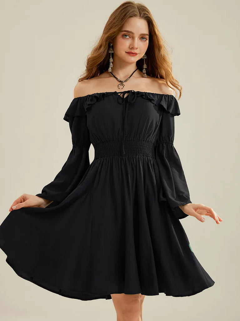 Women Off Shoulder Spliced Hem Pocket Flared Dress SCARLET DARKNESS