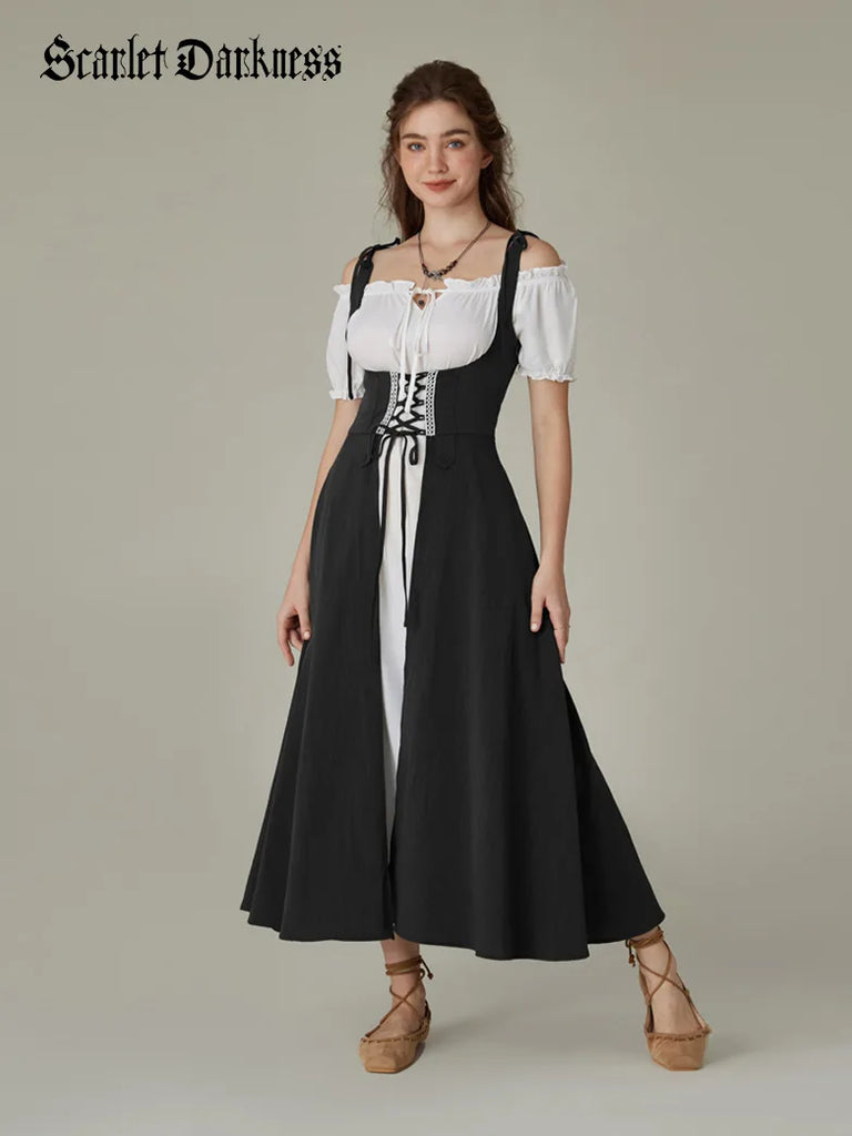 Women Renaissance Vest Dress Lace-up Cover-up Dress with Pocket SCARLET DARKNESS