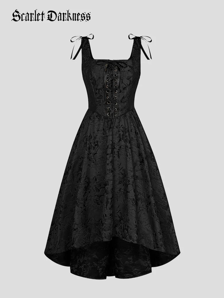 Women Victorian Gothic High-Lo Dress Jacquard Thorn Rose Dress SCARLET DARKNESS