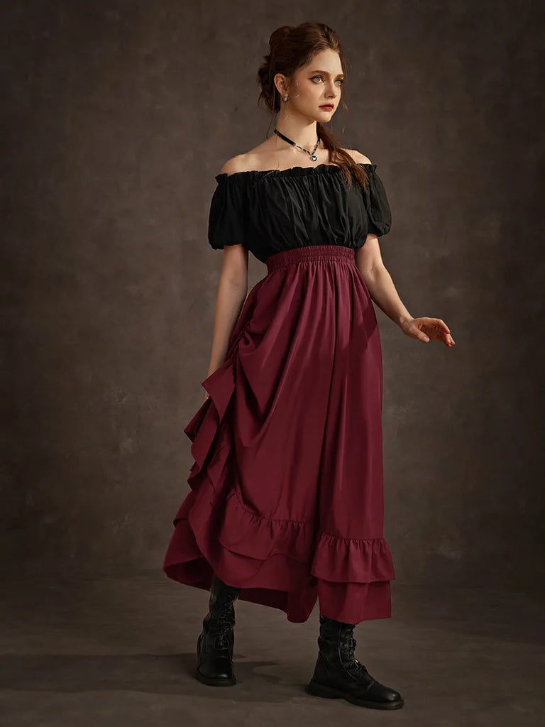 Women Punk Skirts Ruffled High-Low 3 Ways Drawstring Skirt SCARLET DARKNESS