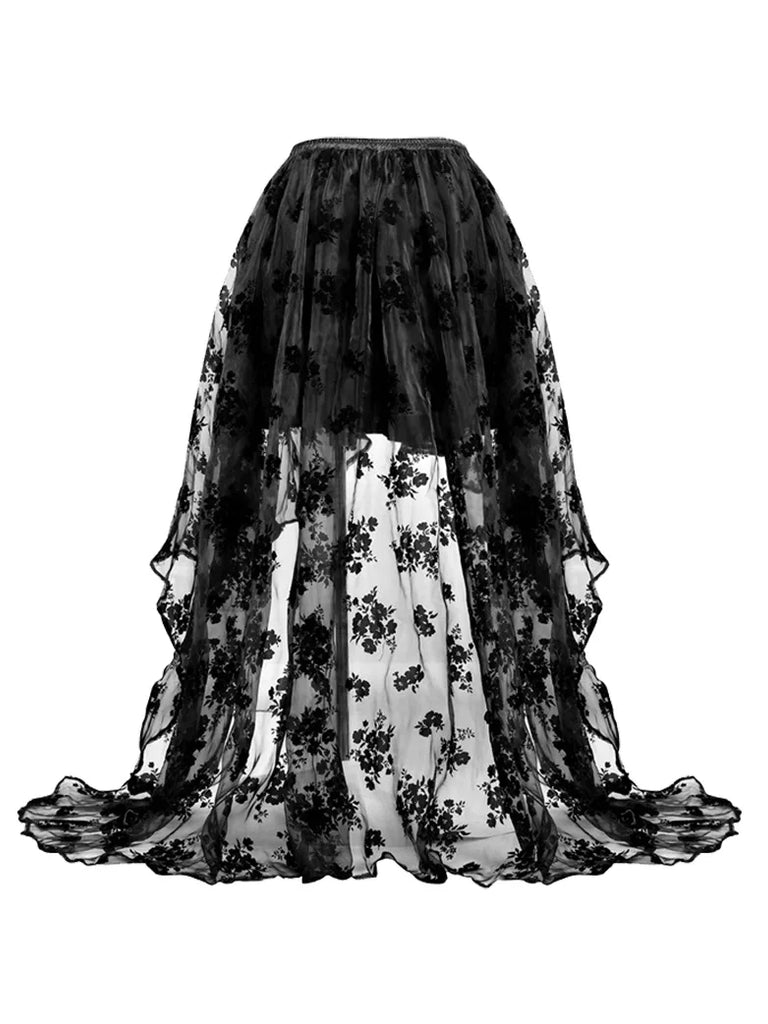 Women Gothic Skirts Black Mesh Flock Printed Wedding Skirt SCARLET DARKNESS