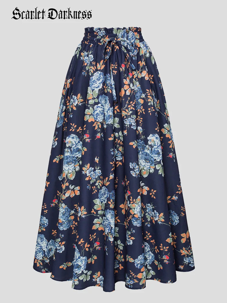 Women Floral Long Skirts Elastic Drawstring Pocket Swing Skirt SCARLET DARKNESS