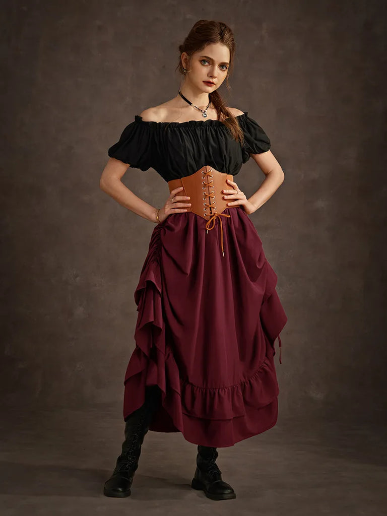 Women Punk Skirts Ruffled High-Low 3 Ways Drawstring Skirt SCARLET DARKNESS