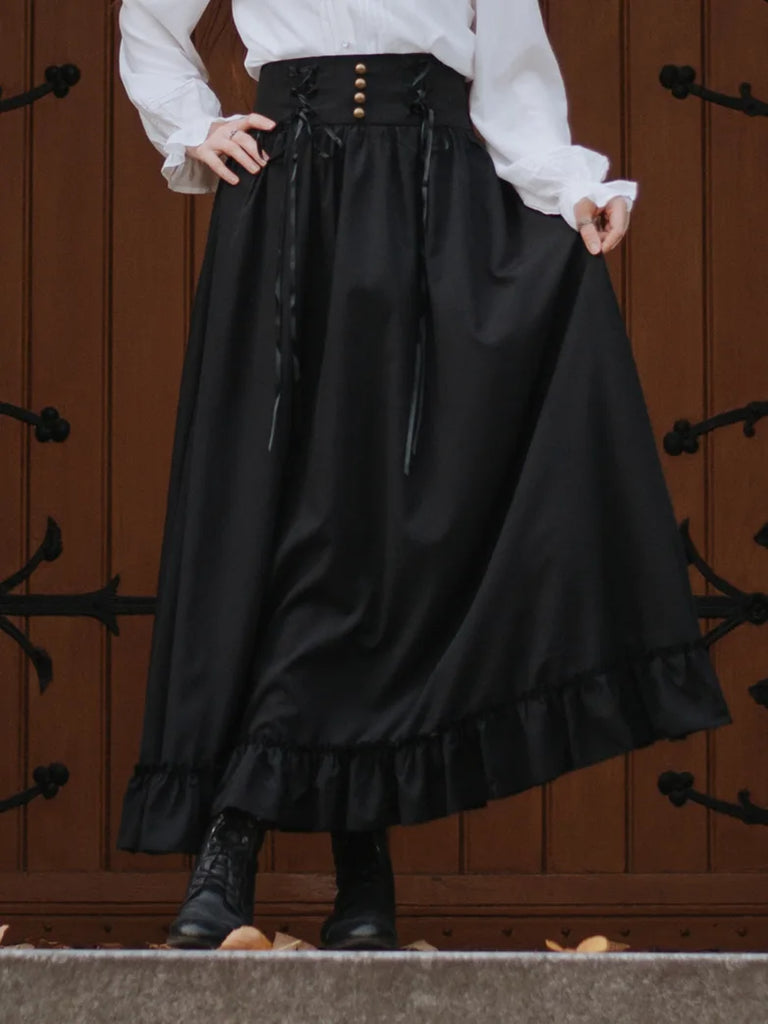 Victorian Smocked Back Ruffled Hem Flared A-Line Skirt SCARLET DARKNESS