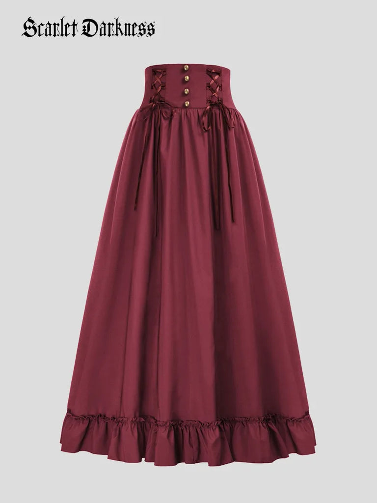 Victorian Smocked Back Ruffled Hem Flared A-Line Skirt SCARLET DARKNESS