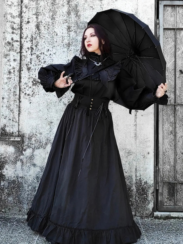 Victorian Smocked Back Ruffled Hem Flared A-Line Skirt SCARLET DARKNESS