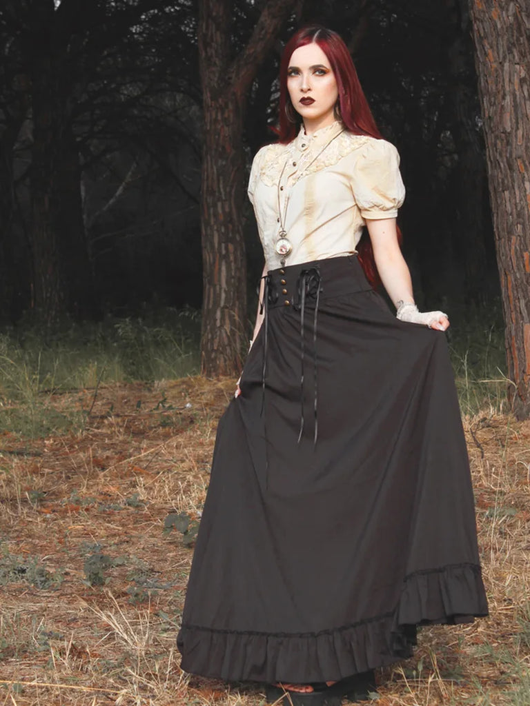 Victorian Smocked Back Ruffled Hem Flared A-Line Skirt SCARLET DARKNESS